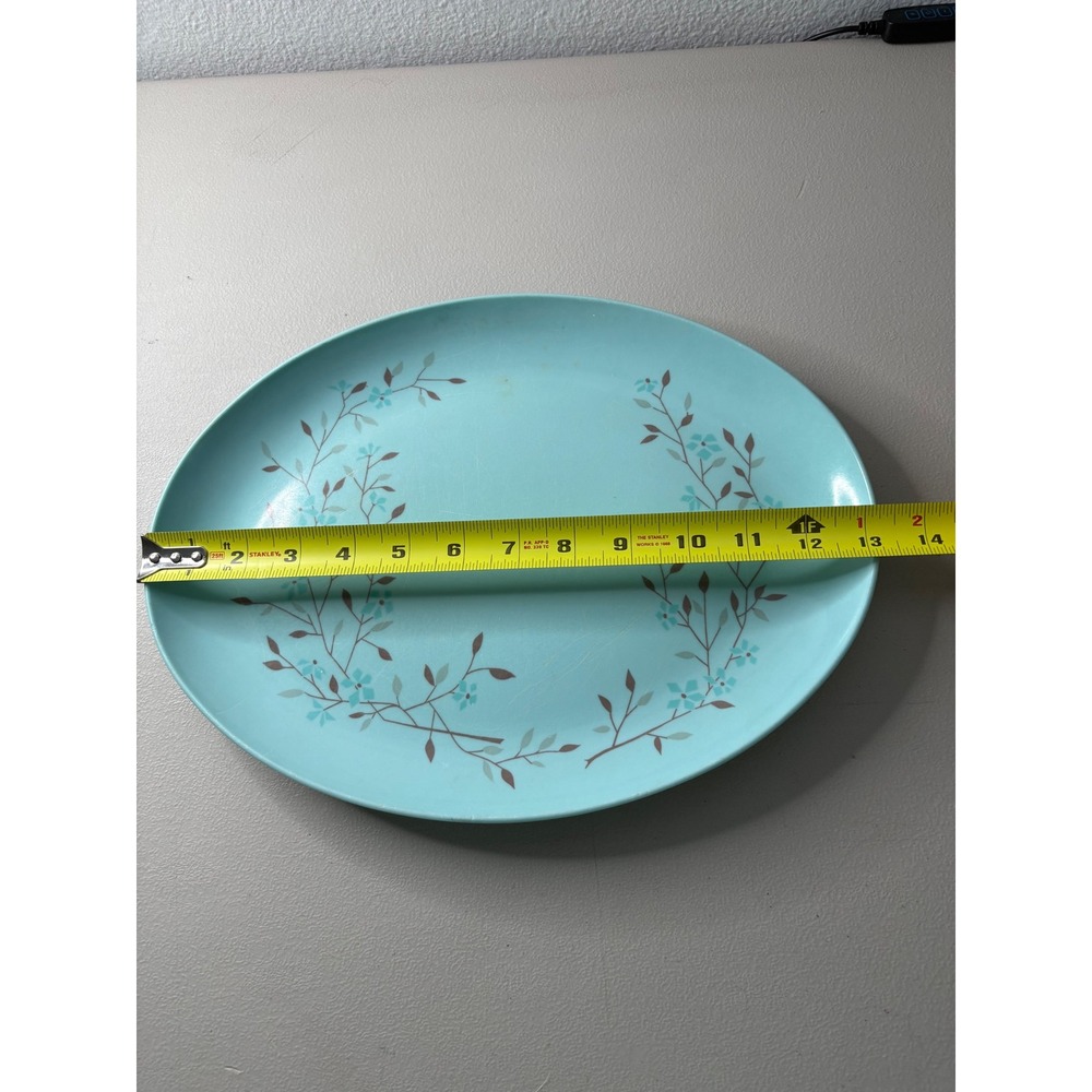 VTG Melamine Turquoise Blue Floral Oval Serving Platter Mid Century Modern - Picture 5 of 7